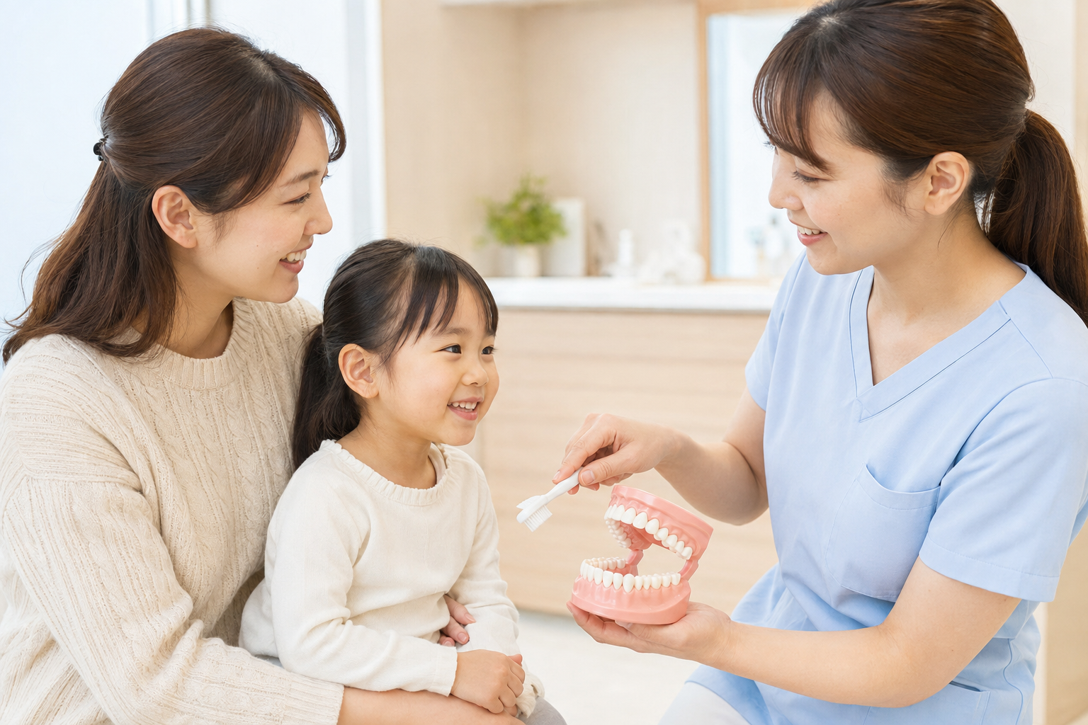 歯の模型を使って親子に歯みがき方法を説明する歯科衛生士